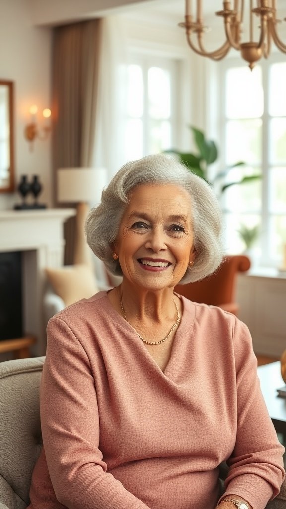 An older woman with a curled-under bob hairstyle, smiling warmly in a cozy living room setting.