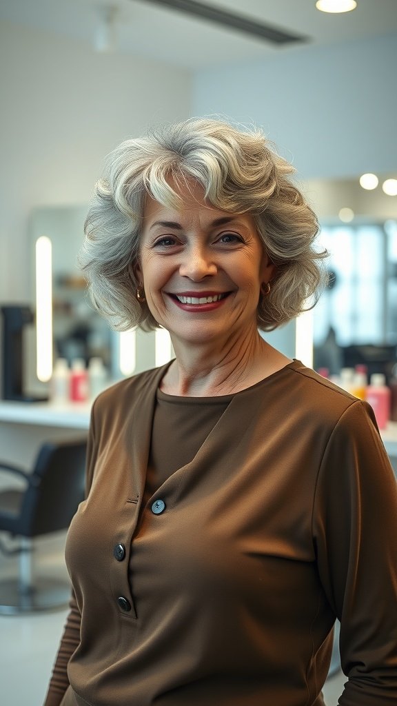 A woman with curly A-line bob hairstyle, smiling in a salon setting.