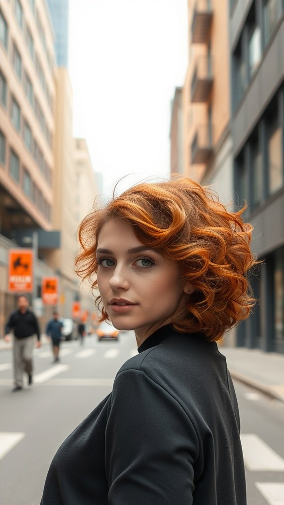 A woman with a curly copper-shaggy pixie cut, looking stylish in an urban setting.