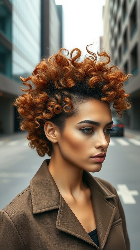 A woman with a curly faux hawk hairstyle, showcasing vibrant curls and a stylish look.