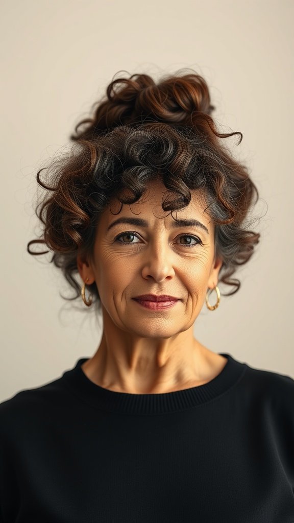 A woman over 50 with a curly textured high bun, showcasing her natural curls and a confident smile.