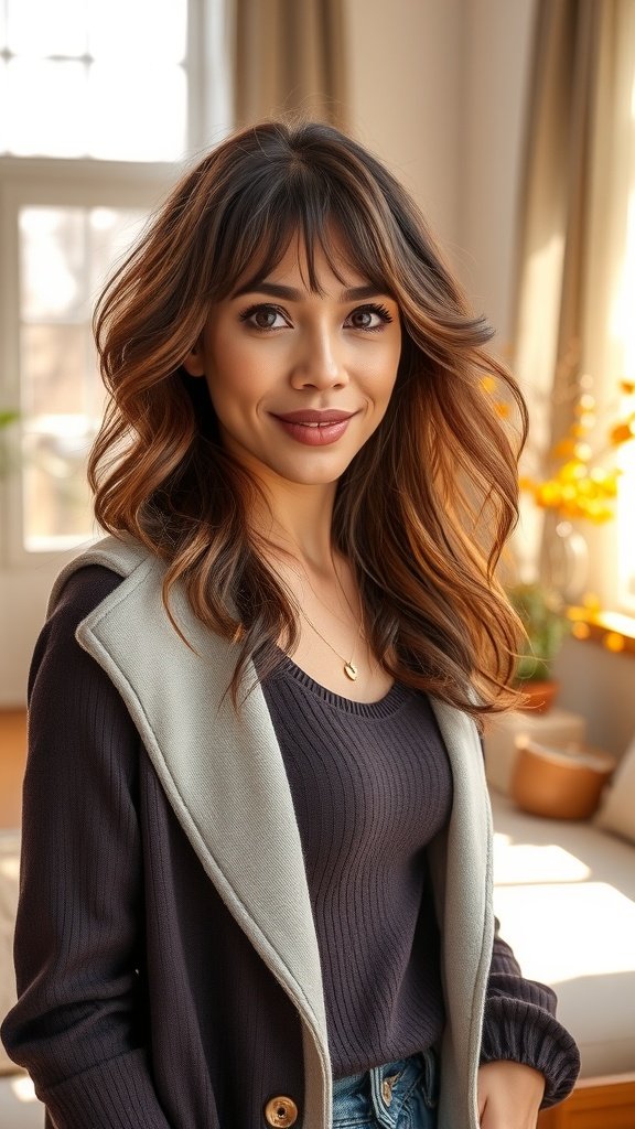 A woman with curtain bangs and loose curls, showcasing a soft and romantic hairstyle.