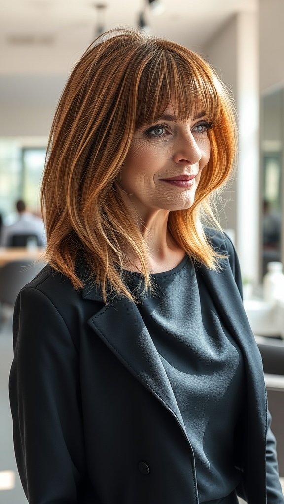 A woman with curtain bangs and long layers, showcasing a stylish hairstyle for women over 60 with thin hair.
