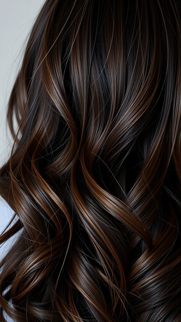 Dark brown hair styled in soft waves with auburn highlights