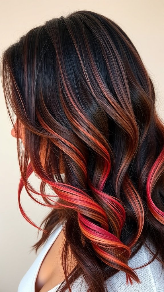 A woman with dark cherry brown hair featuring strawberry blonde highlights, styled in loose curls.