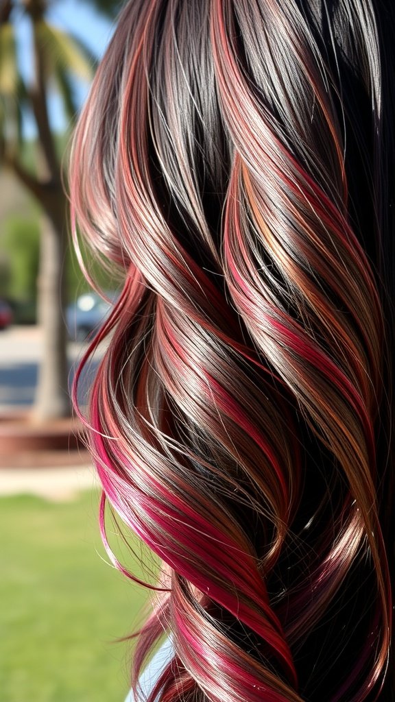 Deep brown hair with glossy raspberry tints in a balayage style
