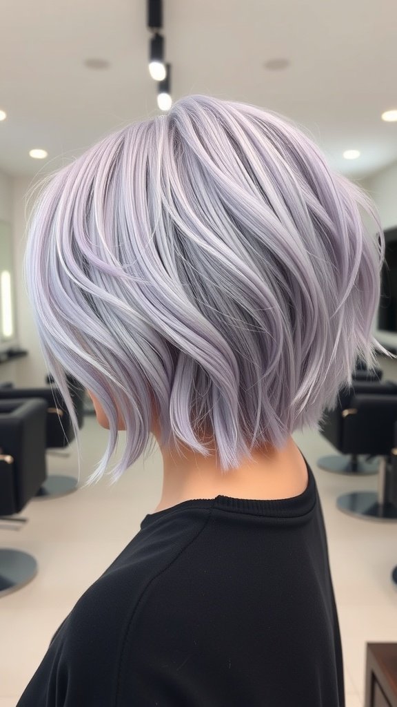 Ear-length box bob hairstyle with subtle lavender tint