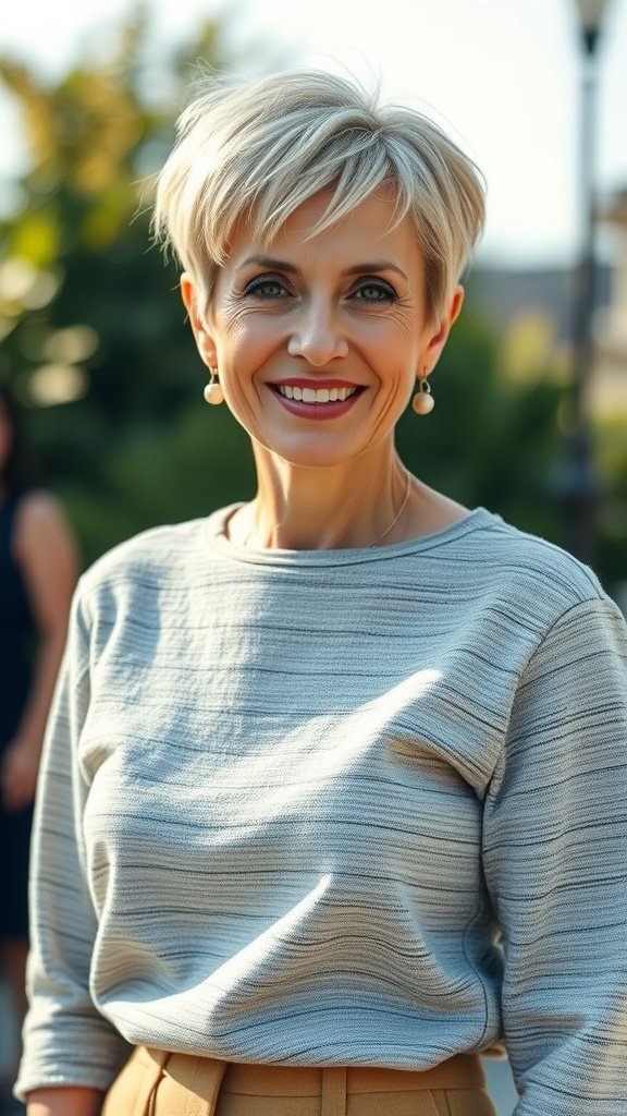 A woman with a stylish pixie haircut featuring a long textured top, smiling outdoors.