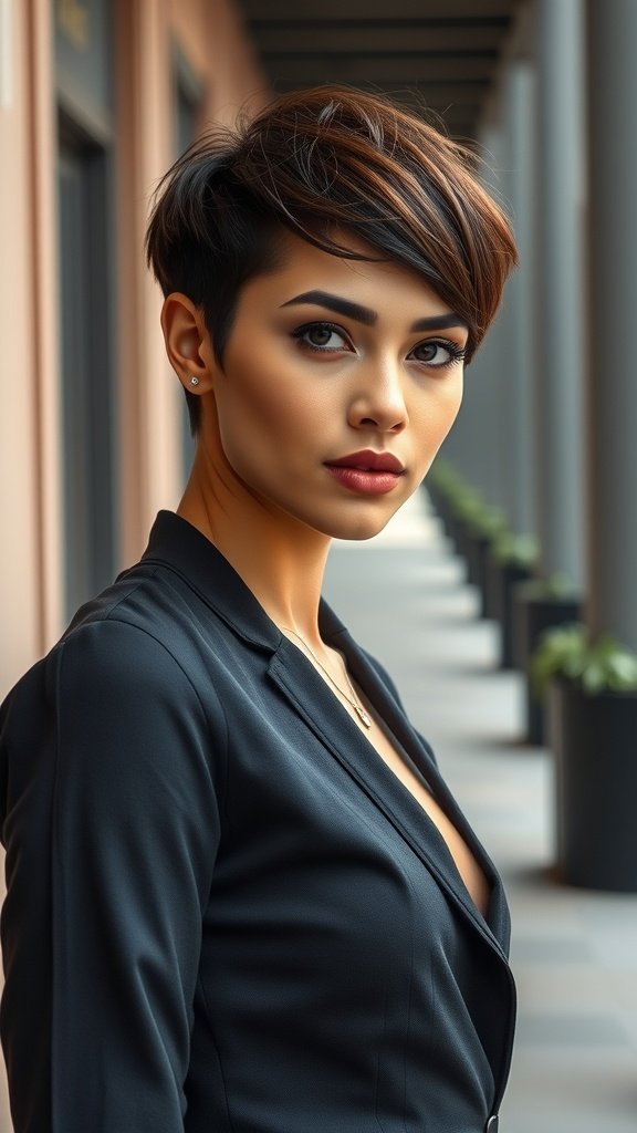 A woman with a short espresso pixie haircut, wearing a black blazer, standing in a modern corridor.