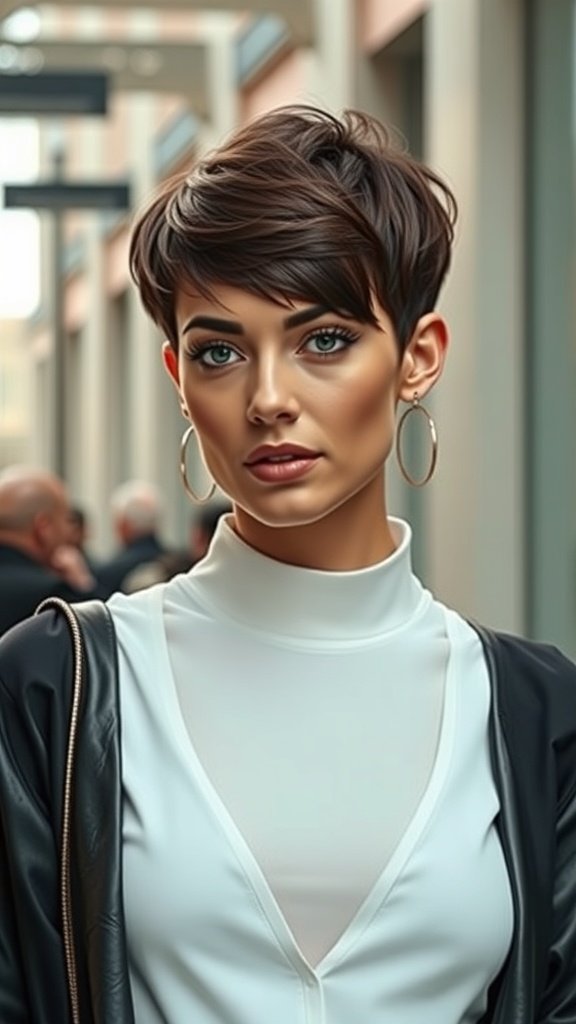 A woman with a short espresso pixie haircut, wearing a white top and hoop earrings, looking confidently at the camera.