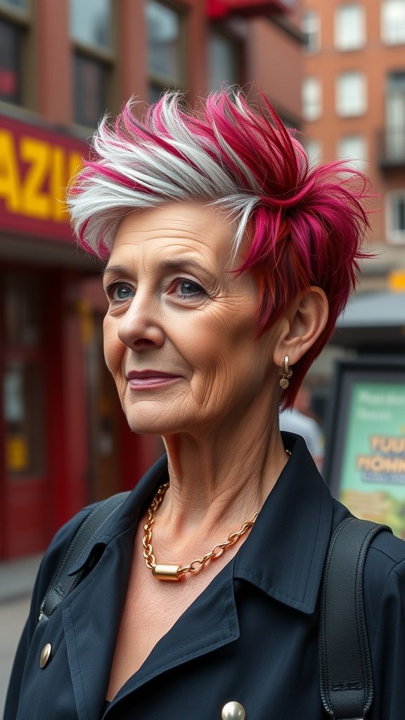 A woman over 60 with a faux hawk pixie hairstyle featuring pink and white colors, wearing a stylish outfit.