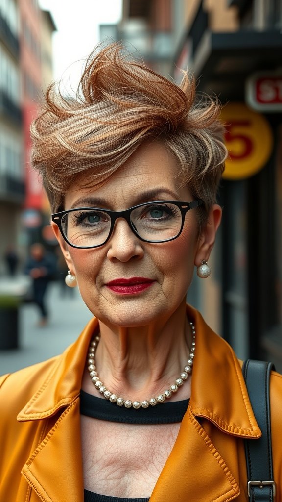 A woman with a faux hawk pixie hairstyle, wearing glasses and elegant jewelry, exuding confidence.