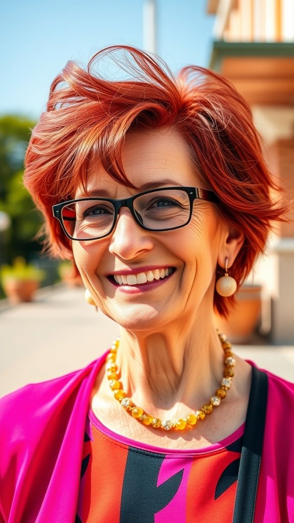 A smiling woman with vibrant red feathered hairstyle, wearing glasses and a colorful outfit.
