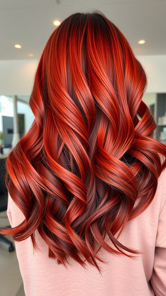 A hairstyle featuring fire engine red hair with a black underlayer, styled in loose waves.