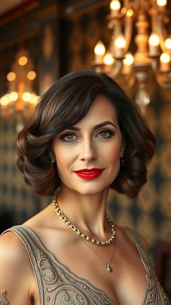 A woman with a flapper-inspired bob hairstyle featuring finger waves, wearing a glamorous outfit and bold red lipstick.