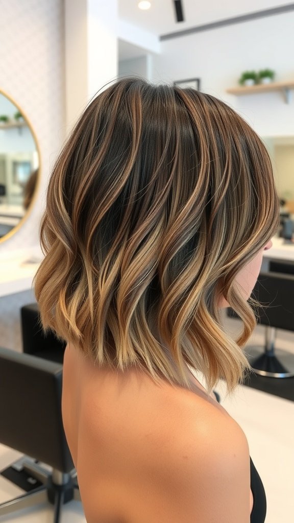 A stylish neck-length bob haircut with flared layers, showcasing soft waves and highlights.