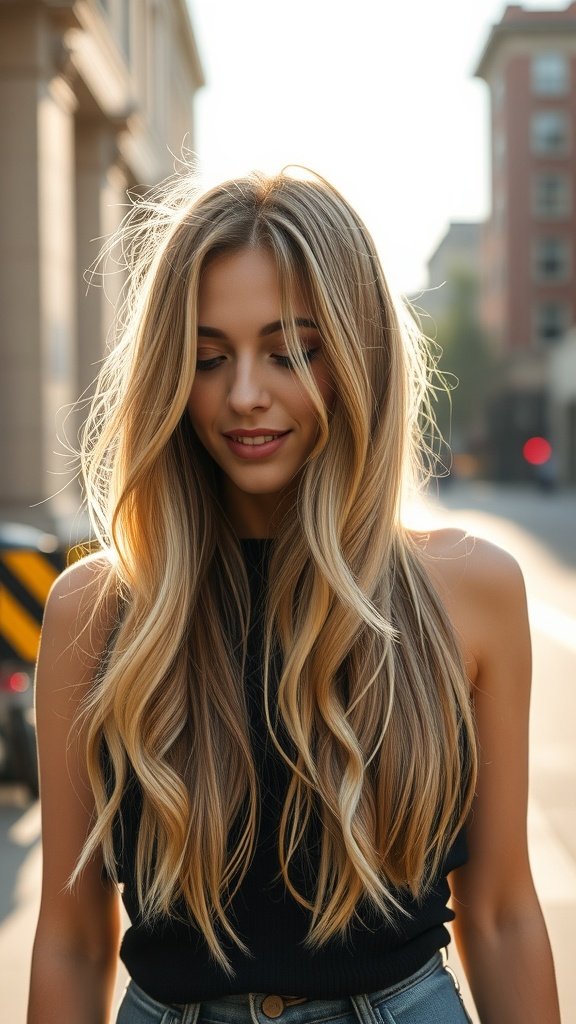 Woman with flowing blonde layers and dark roots, showcasing a trendy hairstyle