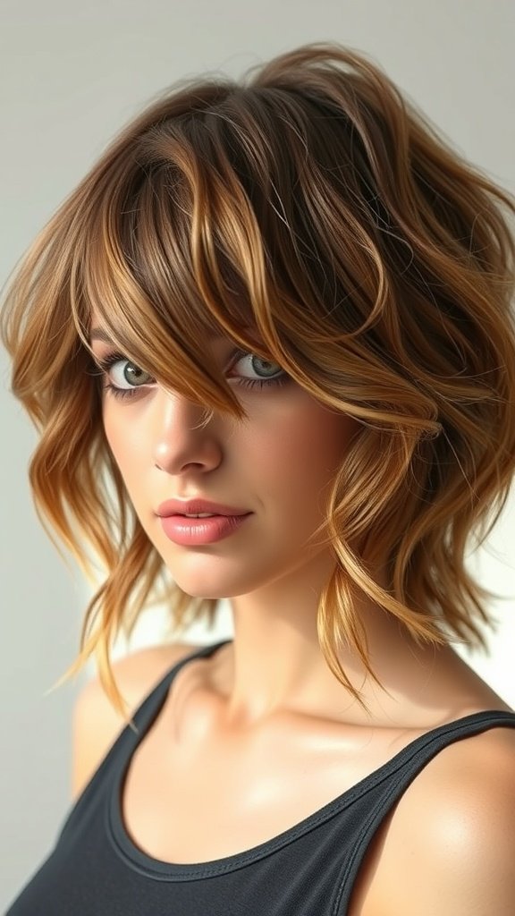A woman with a flowy mid-length shag hairstyle and bangs, showcasing volume and texture.