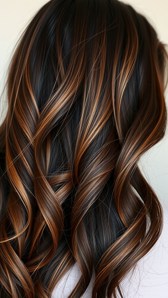 Dark brown hair with ginger spice highlights styled in soft waves