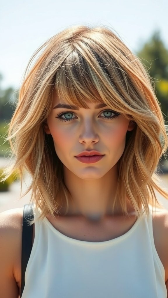A woman with golden feathered layers hairstyle, showcasing soft, textured layers and a vibrant look.