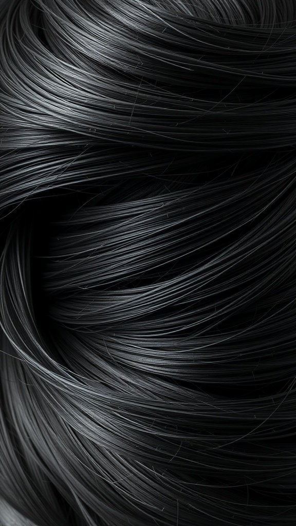 Close-up of dark hair with graphite swirls