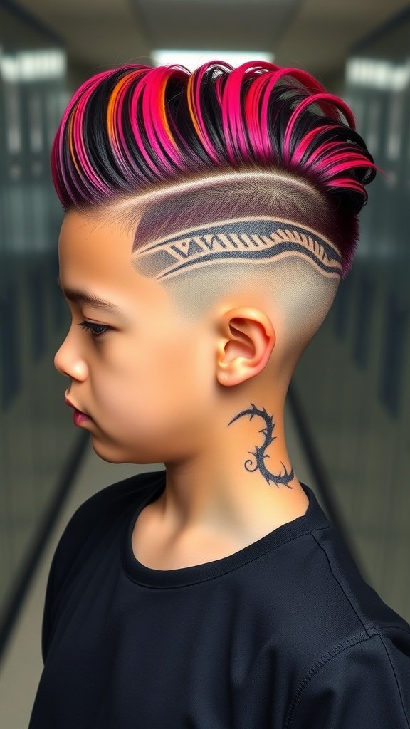 A boy with a high top haircut featuring vibrant colors and shaved designs on the sides.