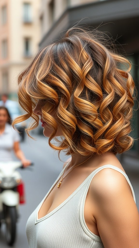 A woman with honey-dipped curls, showcasing a medium-length haircut in a stylish urban setting.