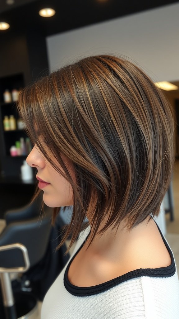 A woman with a jagged bob hairstyle featuring minimal layers and subtle highlights.
