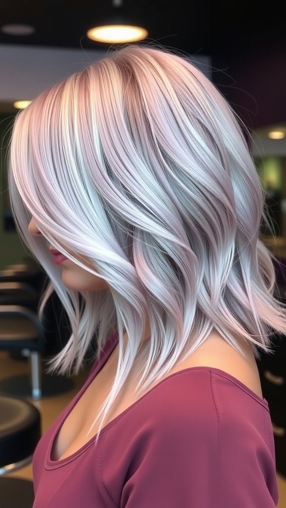 A stylish lavender lob haircut with silver streaks, showcasing soft waves and a modern look.
