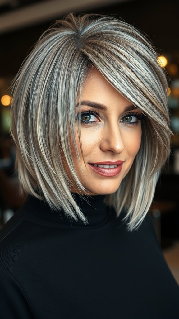 A woman with a layered bob hairstyle featuring shadow root color, showcasing a stylish and modern look.