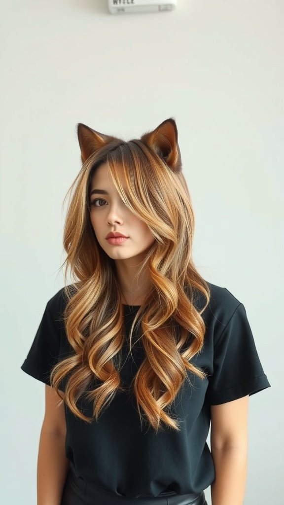 A woman with layered hair styled in soft waves, showcasing a trendy wolf cut.