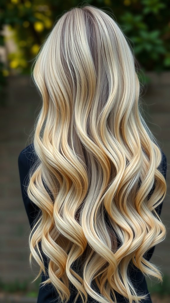 Long blonde hair with emerald green lowlights styled in soft waves