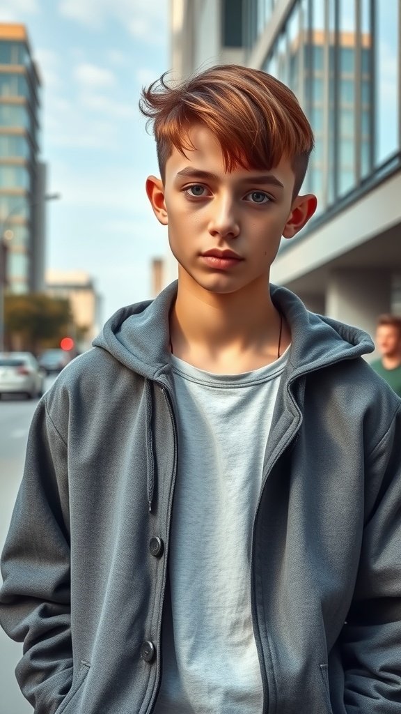Teenage boy with long fringe and undercut hairstyle, wearing a hoodie and standing on a city street.