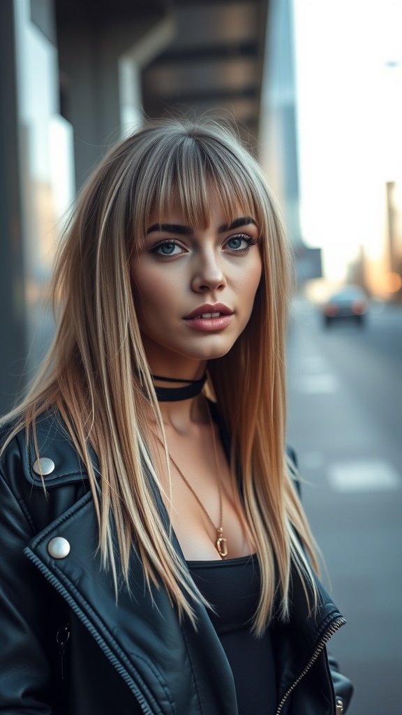 A young woman with long razored hair and front bangs, wearing a leather jacket, standing outdoors.