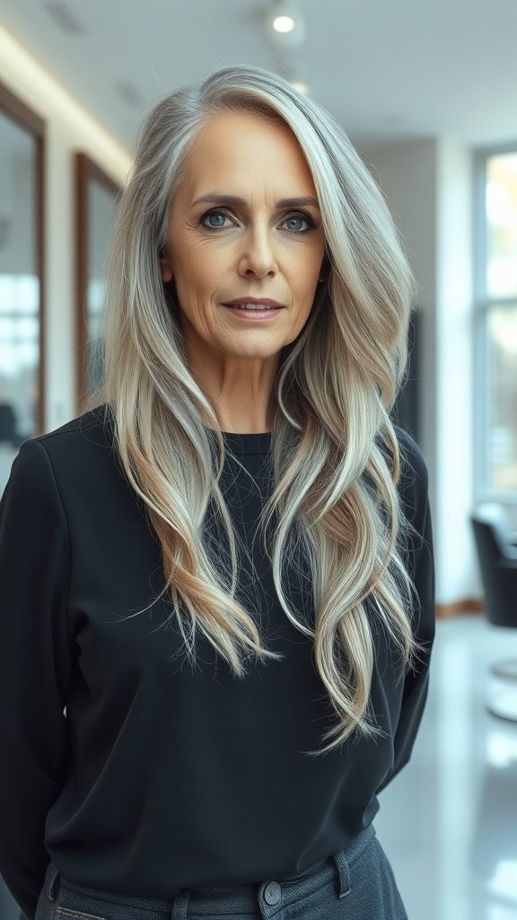 A woman with long silver hair styled in textured layers, wearing a black top, standing in a modern indoor setting.