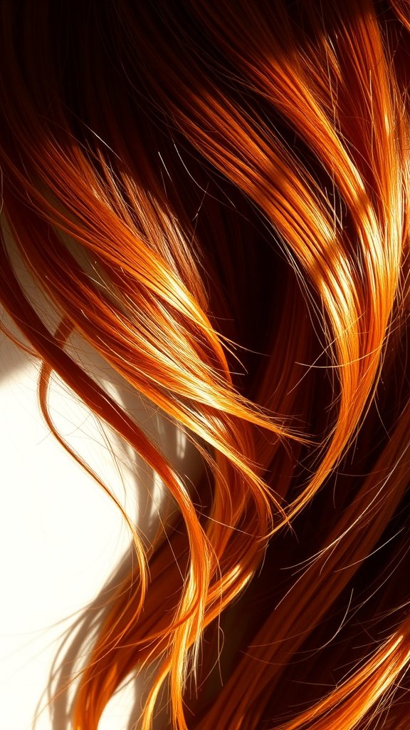 Close-up of flowing copper hair with soft waves