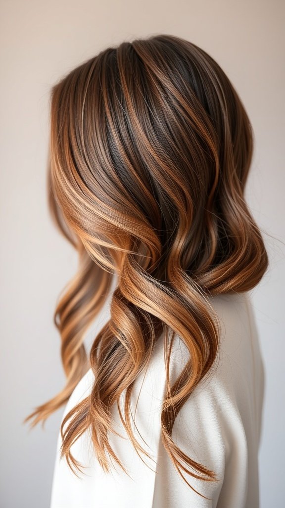 Medium brown hair with rose gold highlights styled in soft waves