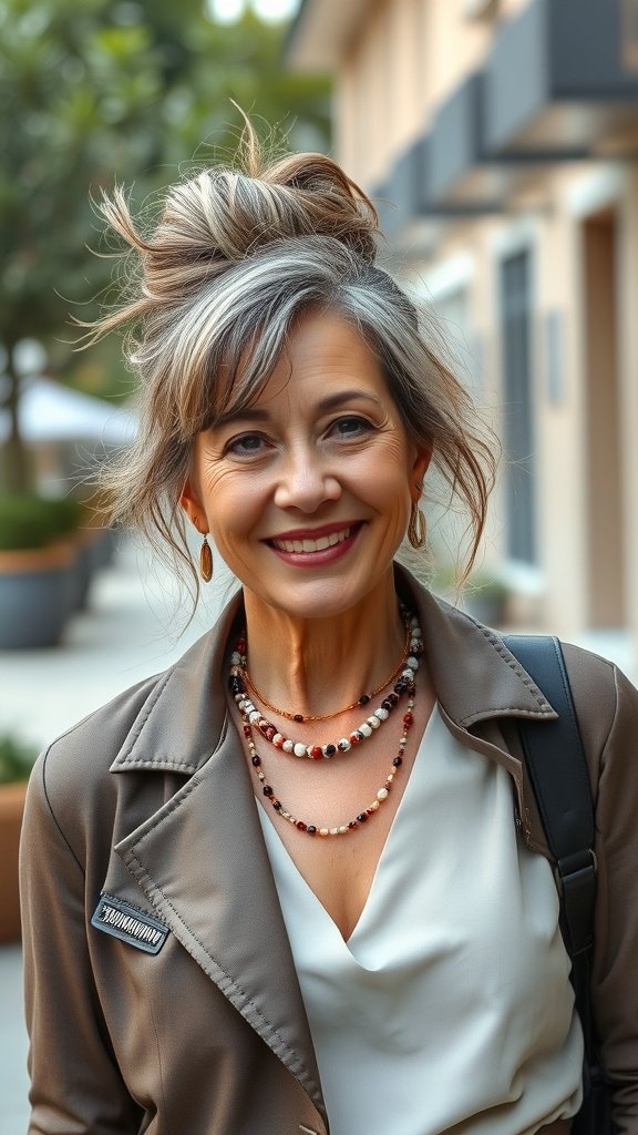 A woman with a messy bun hairstyle and loose strands, wearing a stylish outfit and jewelry.