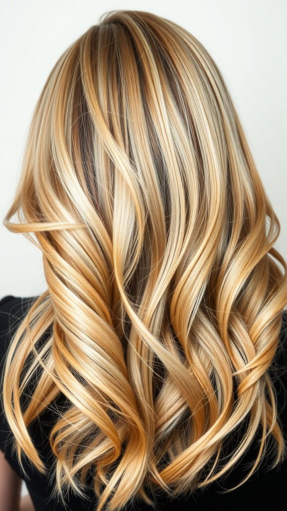A close-up view of wavy metallic blonde hair with highlights and lowlights.