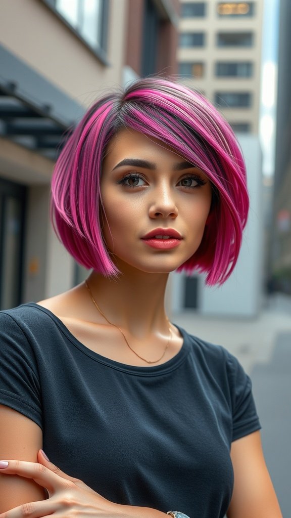 A woman with a vibrant pink micro bob hairstyle featuring an edgy side shave.