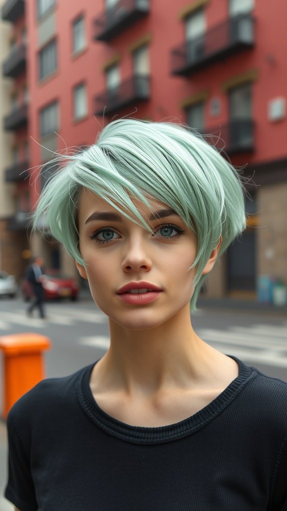 A young woman with a mint green balayage pixie cut, standing in a city street.