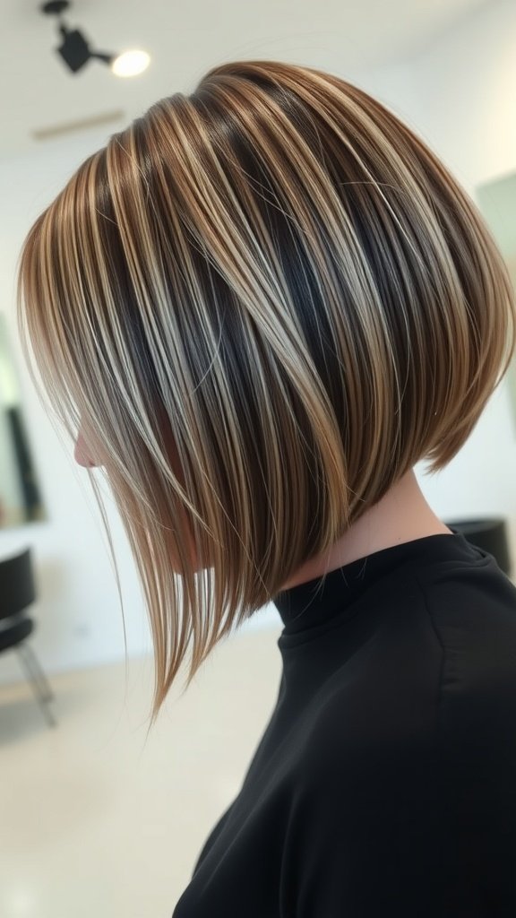 A modern bubble bob hairstyle featuring highlights, showcasing a sleek and stylish look.