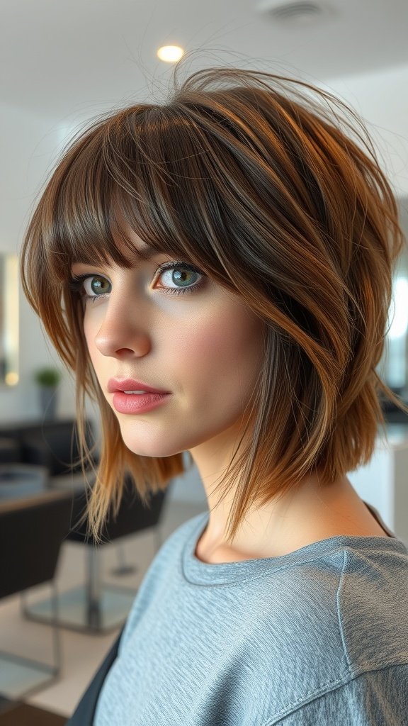 A woman with a modern shag haircut featuring sheer bangs, showcasing a stylish and trendy look.