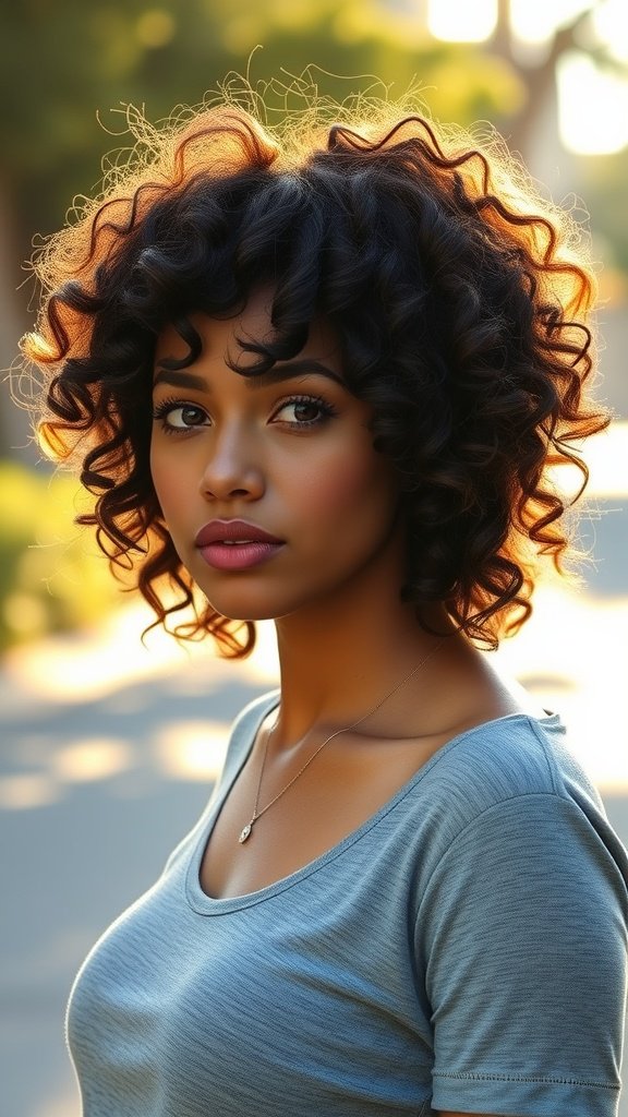 A woman with natural curls styled in a layered shag haircut, showcasing volume and texture.