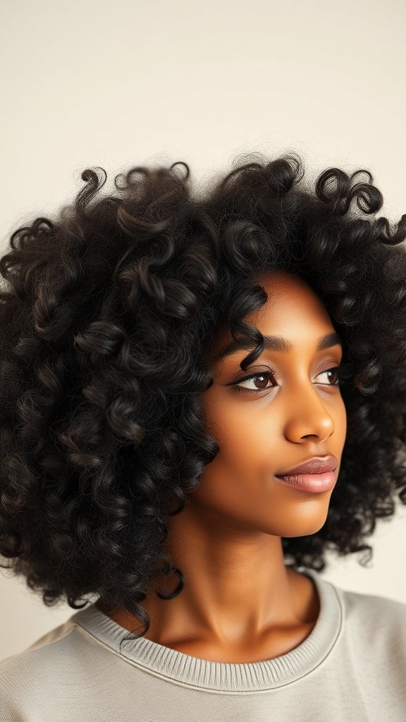 A woman with a shoulder-length curly hairstyle, showcasing a natural fro.