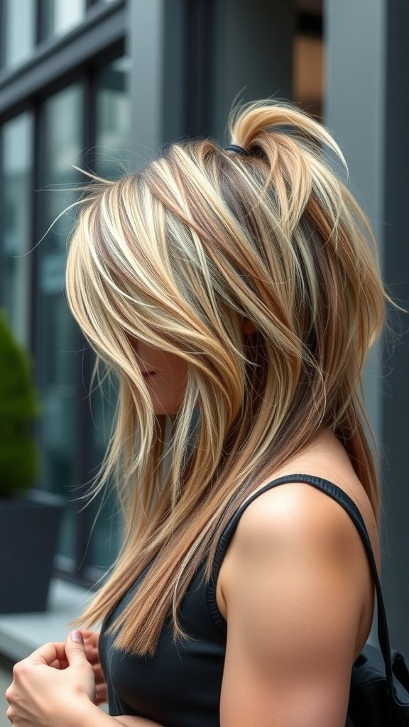 A woman with an ombre shaggy mullet hairstyle, showcasing a blend of colors and textured layers.