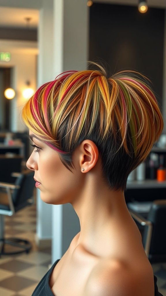 A woman with a playful asymmetrical pixie haircut featuring vibrant colors and flipped layers.