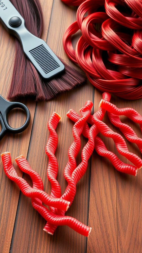 A collection of red hair strands and tools on a wooden surface, including twisted red strands resembling licorice.