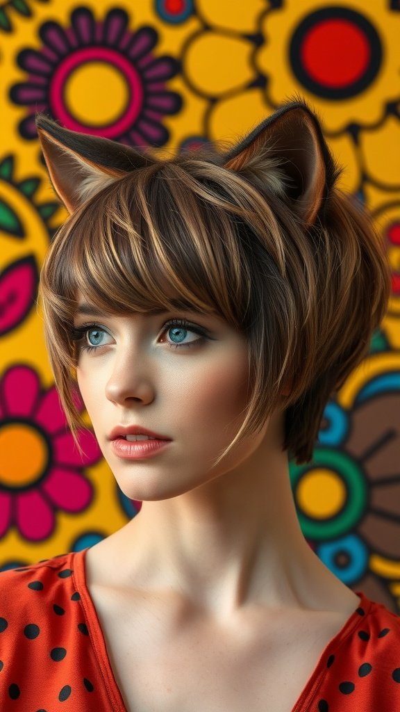 A model showcasing a Retro Wolf Cut hairstyle with playful cat ears against a colorful floral background.