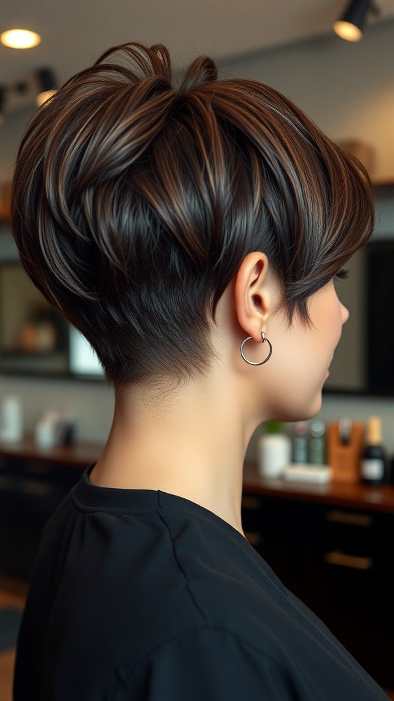 A woman with a rounded pixie haircut featuring a voluminous back, showcasing thick hair.